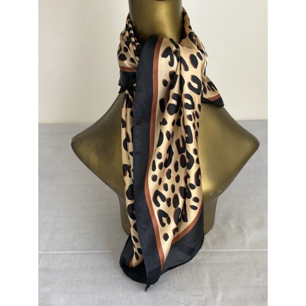 Elegant Leopard Print Design Scarf 26” Square Black & Brown Silky Smooth